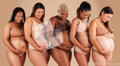 Image of Happy women, body or holding pregnancy stomach in support line, solidarity or community diversity on studio background. Pregnant, friends or mothers underwear for belly growth or healthcare wellness