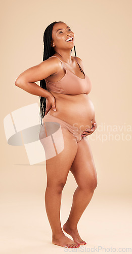Image of Pregnancy profile, underwear and studio woman with smile, happy and excited for baby, stomach growth or motherhood. Gynecology maternity care and pregnant African model with healthcare, love and hope
