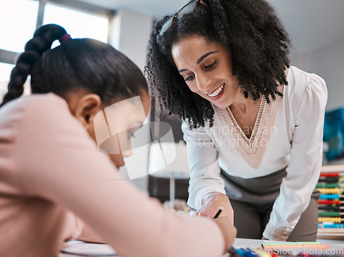 Image of Writing, education or teacher helping a girl in a classroom with learning development or studying notes. Kid, notebook or happy black woman smile teaching or talking to a focused high school student