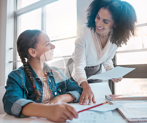 Image of Paper, education or teacher helping a student in a classroom with learning development or studying notes. Writing, notebook or happy black woman teaching, talking or speaking to a high school girl