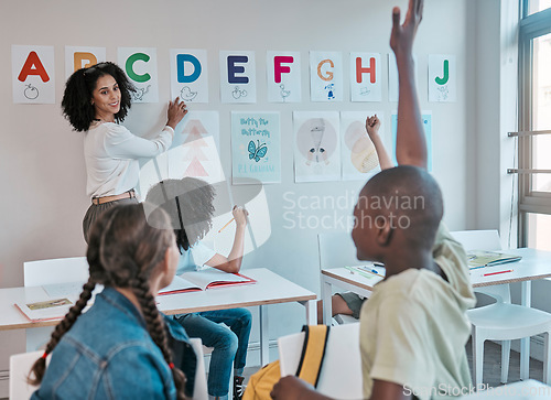 Image of Education, children with question or students hands with exam learning, language teacher assessment or scholarship support. Hand, school or group of kids in classroom for alphabet help or test study