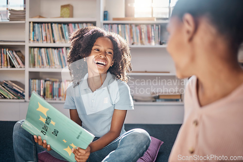 Image of Education, storytelling or happy students in a library or classroom or for learning development. Smile, kids or excited young children reading funny fantasy or English literature books at school