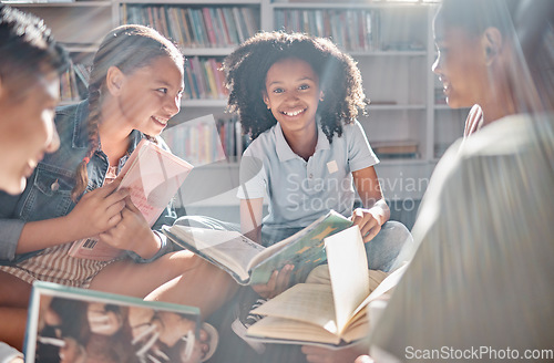 Image of Books, storytelling or excited students reading in library for learning development or youth group growth. Smile, portrait or happy children with funny kids stories for education in school classroom