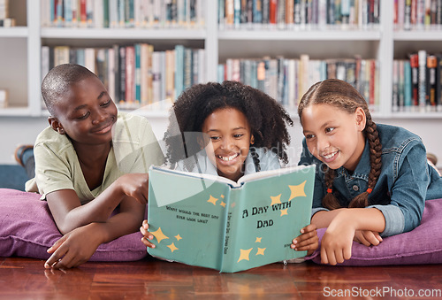 Image of Children in library, reading book and learning, education and story for academic growth, happiness with friends. Knowledge, information and development, young students happy to learn and school