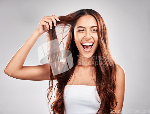 Image of Hair, portrait and face of excited woman for skin care, makeup and cosmetics with smile in studio. Headshot of aesthetic model person happy about shampoo growth and shine or dermatology facial glow