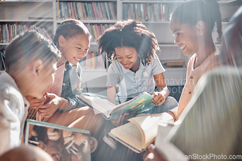 Image of Education, books or students reading in a library for group learning development or growth. Storytelling, kids or happy children talking together for knowledge on funny fantasy stories at school