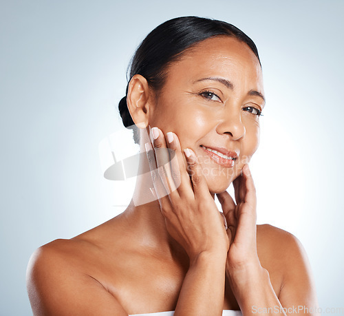 Image of Face, elderly woman and content in portrait with healthy skin and antiaging skincare isolated on grey background. Hands, nails and manicure, natural cosmetic care and beauty in studio with mockup