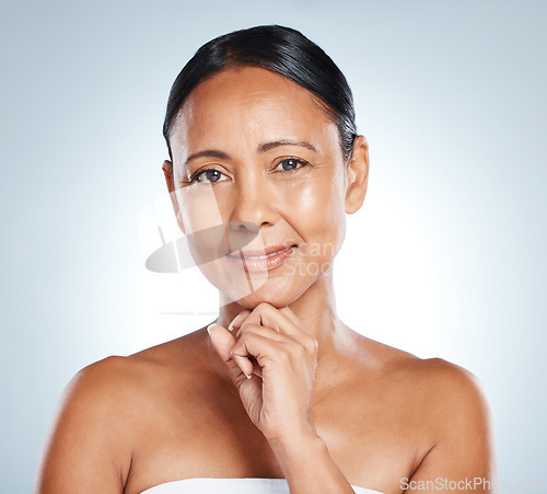 Image of Senior woman, face and portrait with smile in beauty mockup, skincare for anti aging isolated on studio background. Dermatology, botox and healthy skin with facial wellness and cosmetic care