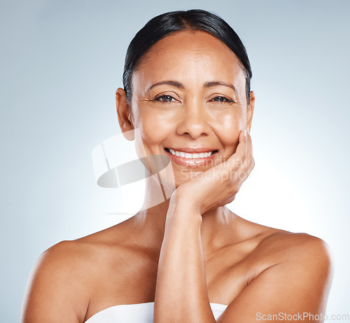 Image of Portrait, elderly happy woman with smile and beauty mockup, skincare for anti aging isolated on studio background. Dermatology, botox and healthy skin with facial wellness and cosmetic care