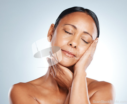 Image of Spa beauty and senior black woman skincare with healthy glow and body care of people in studio. Wellness, aesthetic and dermatology treatment of mature person on isolated gray background.