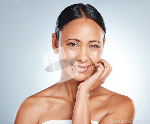 Image of Senior happy woman, face and portrait with smile in beauty mockup, skincare for anti aging isolated on studio background. Dermatology, healthy skin and facial treatment, wellness and cosmetic care