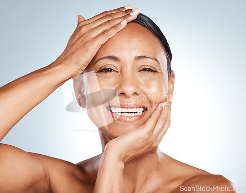 Image of Face, senior woman and happy in portrait with healthy skin and antiaging skincare isolated on gradient background. Hands, nails and manicure, natural cosmetic care and beauty in studio with mockup