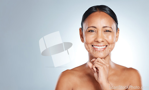 Image of Mockup, smile and face with elderly woman in beauty portrait and antiaging skincare isolated on studio background. Dermatology, natural cosmetics and healthy skin, facial wellness with cosmetic care