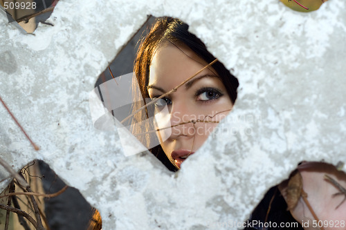 Image of The young woman looks through a fence