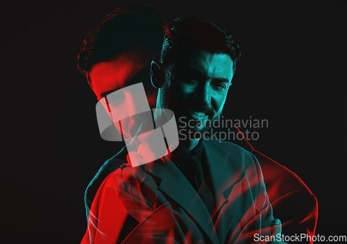 Image of Suit, businessman and dark portrait with double exposure of worker with mental health problem of people in studio. Corporate management person with split personality in isolated 3d black background