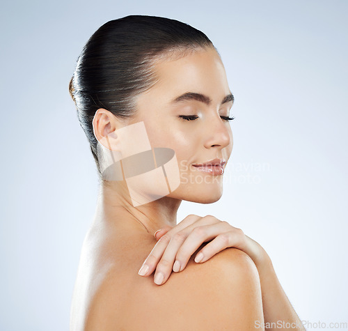 Image of Face, woman and eyes closed with skin, content with skincare and beauty facial isolated on studio background. Cosmetic care, manicure and glow, dermatology wellness with natural cosmetics mockup