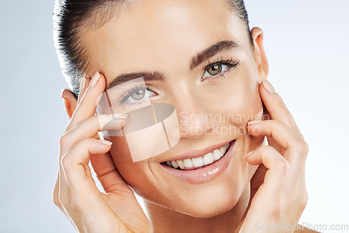 Image of Portrait, face and beauty skincare for skin glow on a woman isolated against a studio white background. Cosmetic, teeth and happy girl wellness model with a natural smooth and smiling for dermatology