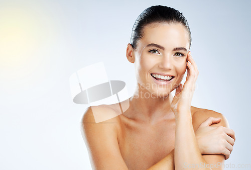 Image of Skin, portrait and woman beauty with a facial glow isolated against a studio white background. Cosmetic, mockup and happy girl model in the sunshine with natural smooth face smiling for dermatology