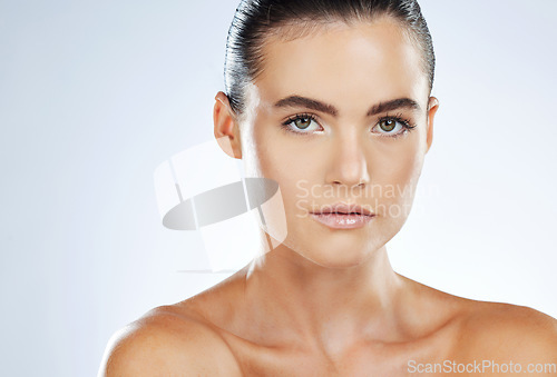 Image of Wellness, beauty and face portrait of woman on white background for cosmetics, makeup and facial treatment. Luxury spa, skincare and girl with mockup space for glowing skin, dermatology and self care