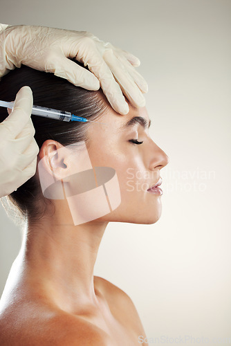 Image of Woman and plastic surgery for collagen injection with beauty dermatology cosmetics. Face profileof a skincare model person and needle in hands of doctor for cosmetic filler on facial skin lines