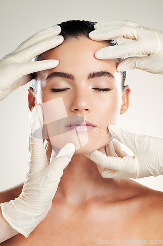 Image of Skincare, plastic surgery and facial filler on woman with dermatology collagen cosmetics. Headshot of a beauty model person with professional hands for medical procedure on face skin