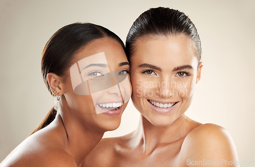 Image of Beauty, diversity or happy portrait of women with natural cosmetics, healthy skincare glow or luxury self care. Dermatology, spa salon and aesthetic friends with facial makeup, wellness or healthcare