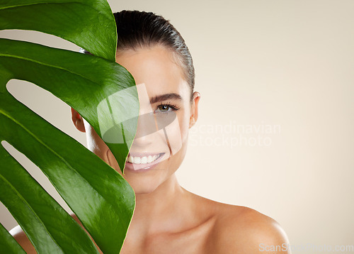 Image of Green plant, skincare and beauty woman portrait for natural dermatology for mockup product space. Face glow skin of aesthetic model in studio for sustainable cosmetic makeup for health and wellness