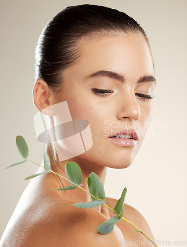 Image of Skincare, woman and beauty with natural plant on skin for green dermatology for cosmetic product. Glow on face of aesthetic model in studio for sustainable cosmetics or makeup for health and wellness