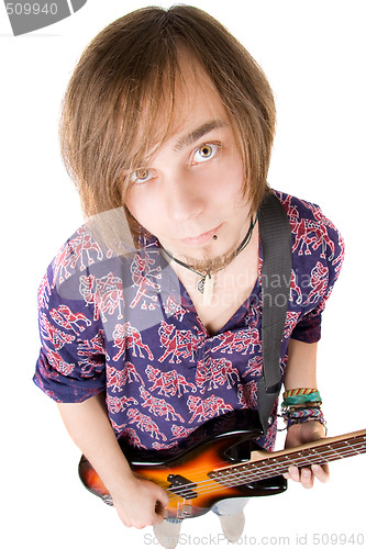 Image of The young man with a guitar over white 
