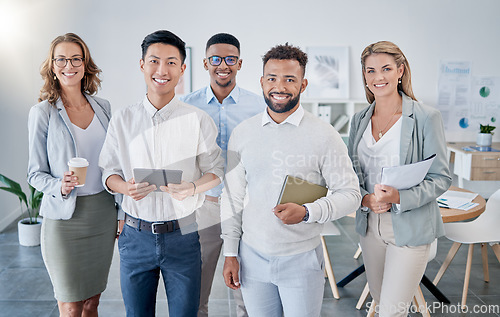 Image of Business people, office portrait or smile for motivation, teamwork or group goal at startup finance company. Businessman, women and happiness for support, diversity or solidarity for corporate vision