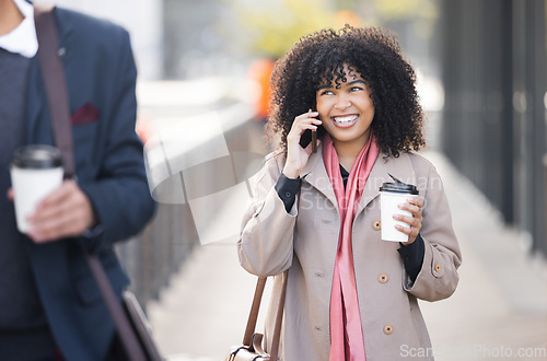 Image of Happy, travel or business woman with phone call for contact us, schedule or networking in London street. Smile, 5g network or speaking on smartphone for communication or success planning