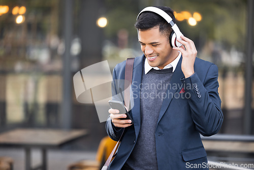 Image of Headphones, black man and 5g phone listening with music streaming ready for work. Social media, mobile 5g connection and professional with web business podcast on technology and internet with mockup