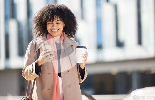 Image of Search, happy or black woman with phone for internet research, communication or networking. Tech, travel or girl professional in street on 5g smartphone for social network, blog review or media app