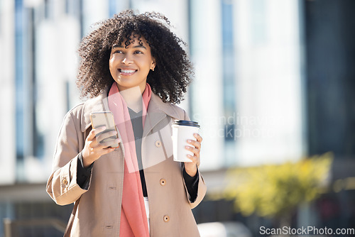 Image of City, happy or black woman with phone for internet research, communication or networking. Tech, smile or girl in London street on 5g smartphone for social network, blog review or media app search