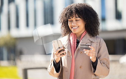Image of Credit card, city or woman with phone on online shopping for payment, internet purchase or ecommerce in London street. Fintech, happy or employee girl on 5g smartphone for trading, banking or invest
