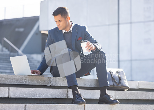 Image of Thinking, city or business man with laptop for website search, communication or networking. Remote work, data analysis or employee in London street on tech for social network, research or blog review