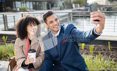 Image of Happy selfie, coffee and woman and businessman with photo memory of relax people in New York USA. Corporate employee friends, smile and African worker partnership of company team in urban city