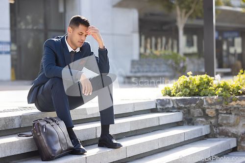 Image of Stairs, mental health and sad business man fired for trading investment fail, unemployment crisis or trader mistake. Depression mockup, office building or person with lost job over stock market crash