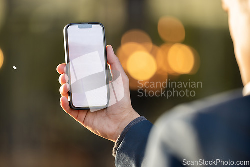 Image of Mockup, screen or business man on phone for networking, social media or communication in London street. Search, travel or employee on smartphone for research, internet or blog content review outdoor