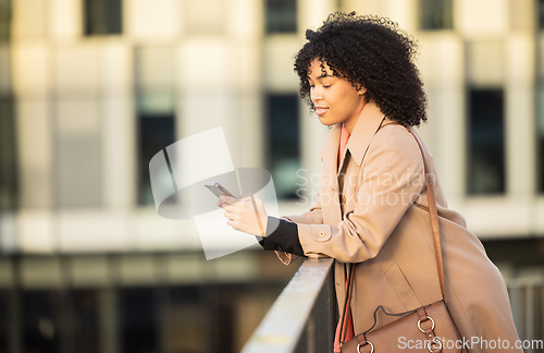 Image of Communication, search or black woman with phone in city for internet research, thinking or networking. Tech, girl or professional on 5g smartphone for social network, blog review or email media app
