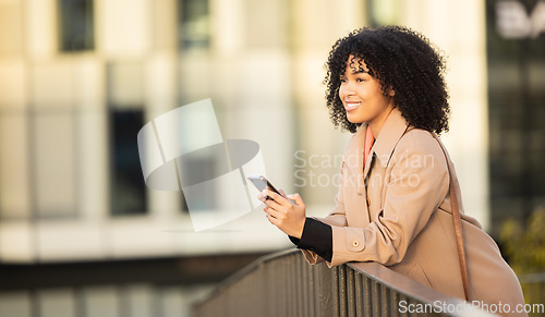 Image of Search, travel or black woman with phone for internet research, communication or networking. Happy, smile or professional in London street on 5g smartphone for social network, web or blog review