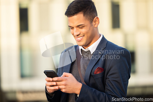 Image of Happy, communication or business woman with phone for website research, search or networking. Tech, online or professional in city on 5g smartphone for social network, review or media app content