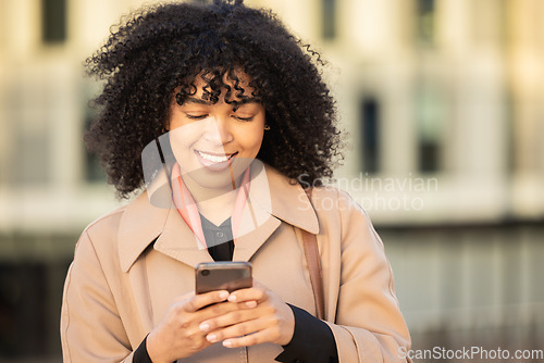 Image of Black woman, travel or search with phone in city for internet research, communication or networking. Tech, girl or professional in street on 5g smartphone for social network, blog review or media app