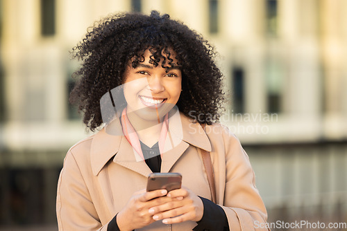 Image of Search, happy portrait or black woman with phone for internet research, communication or networking. Tech, city or girl in street on 5g smartphone for social network, blog review or media app content