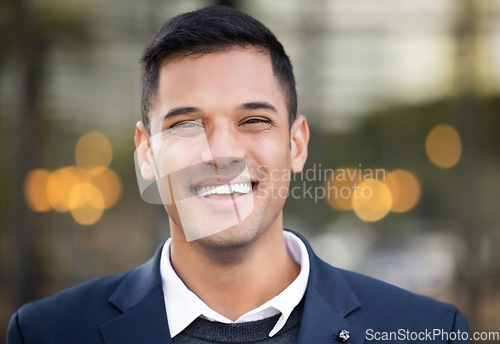 Image of Businessman, happy portrait and outdoor city for leader success, corporate management or happiness vision. Male, smile face and manager positive mindset energy, achievement or confident in New York