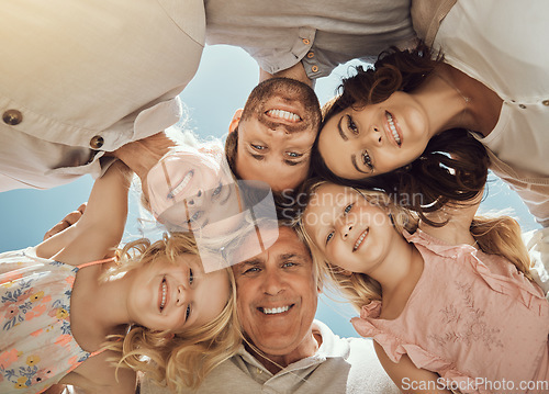 Image of Circle, love and portrait of a happy big family on a summer holiday, adventure or weekend trip. Grandparents, parents and children with love, happiness and bonding while on a vacation in Australia.