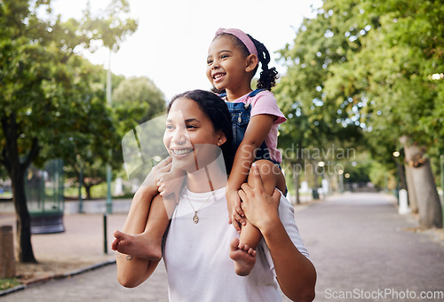 Image of Back, mother with girl and on neck, happiness, summer break and walking in park for bonding, weekend or quality time for fun. Mom, mama carry female child or playful together, smile or loving outdoor