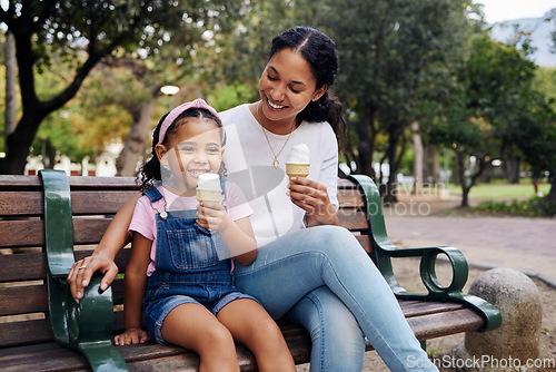 Image of Black family, park and ice cream with a mother and daughter bonding together while sitting on a bench outdoor in nature. Summer, children and garden with a woman and girl enjoying a sweet snack