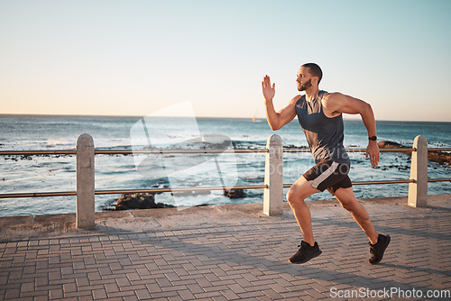 Image of Running, ocean and mockup with a man runner training outdoor on the promenade for cardio or endurance. Fitness, sea and mock with a sports male taking a run on the coast for health or wellness