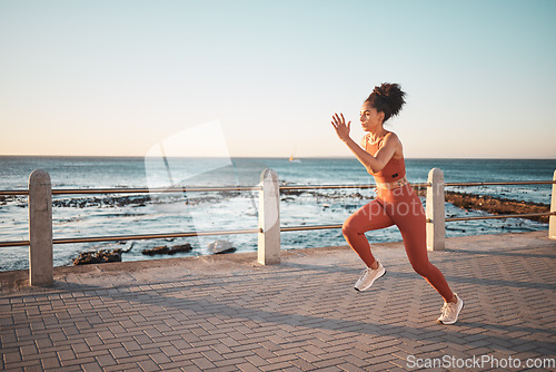 Image of Fitness, focus and woman running by the beach for training, cardio and exercise in Thailand. Mockup, sports and latino athlete runner on the promenade for a workout, start of a race or marathon